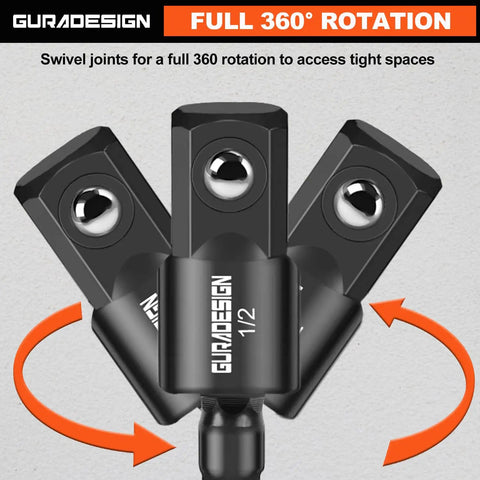 Nine Piece Beefy Impact Drill Socket Adapters Set With Universal Joints For One Quarter Inch Three Eighths Inch And One Half Inch Drive Includes Magnetic Bit Holder And Bit Extension In Chromium Vanadium Steel For Heavy Duty Auto And DIY Projects showing full 360-degree rotation for tight spaces.