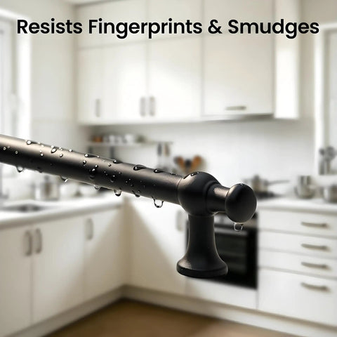 Close-up of matte black cabinet pull showing fingerprints and smudge resistance, 10 pack 5 inch cabinet pulls matte black zinc alloy handles for kitchen cabinets dresser drawers closets easy install no drilling required sleek modern hardware.