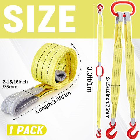 Heavy Duty 2 Piece Web Sling Set With Two Leg Bridle Straps And Twist Eye Lift Hooks, Yellow, displayed with dimensions