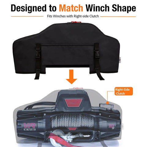 Super Durable Waterproof Winch Cover With Zipper fits winches with right-side clutch, shown matching winch shape for electric recovery gear.