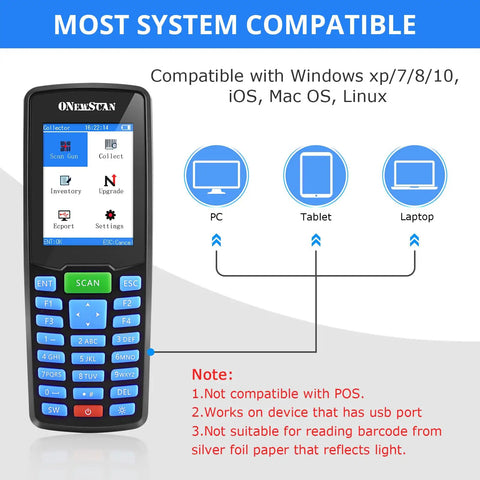 Wireless 1D Barcode Scanner Handheld Portable Inventory Scanner With 2.8 Inch LCD Screen Real Time Inventory Control Batch Scan Data Terminal compatibility display