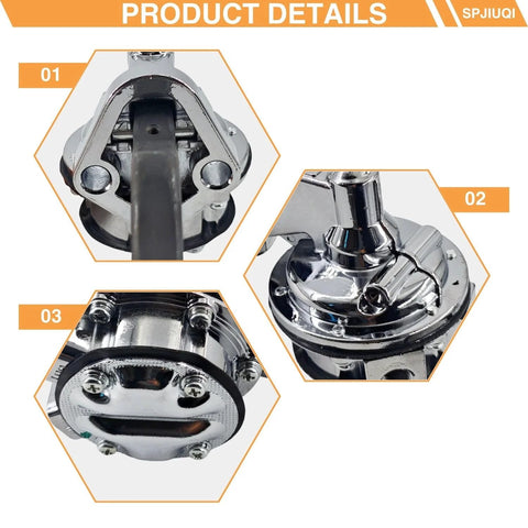 High Volume Mechanical Fuel Pump For Ford Small Block V8 221 260 289 302 351W Chrome, close-up details, 80-150 GPH, 6-8 PSI