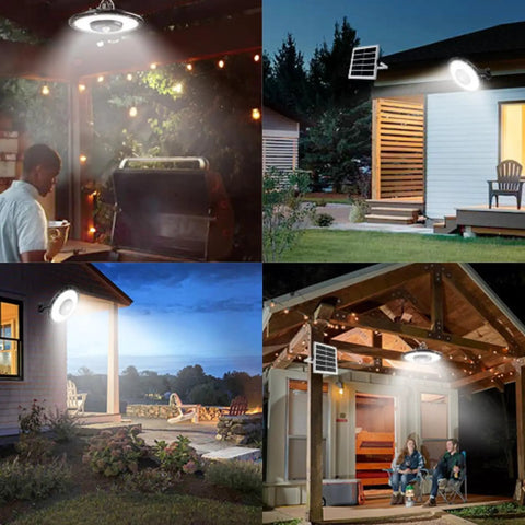 Heavy Hitter Solar Powered Shed Lights With Switch And Motion Sensor 3000 Lumen Indoor Outdoor Pendant Lamp For Garage Backyard illuminated in outdoor settings.