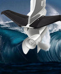 Hydrofoil Stabilizer for Outboard Boats, Cuts Drag and Cavitation, Stops Bow Rise and Porpoising, Improves Planing Stability on 50-300 HP Engines, Durable PP Wing, Long-Lasting Performance front view on propeller with ocean backdrop
