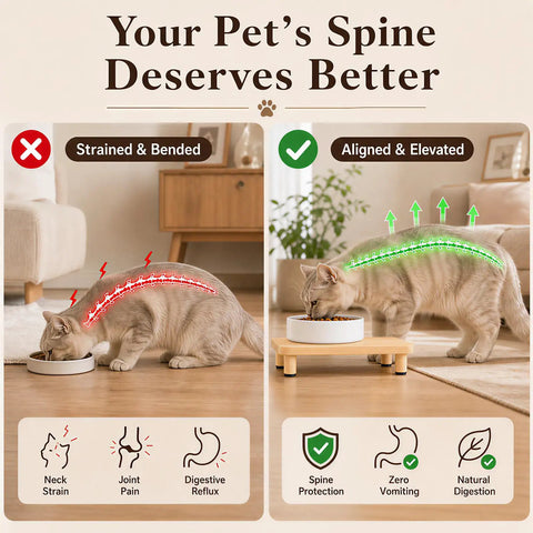 Elevated Cat Food Stand, Ergonomic Neck And Spine Care Feeding Table showing cat elevating from strained to aligned posture.