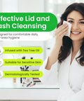 OPTASE eyelid cleansing wipes in use by a smiling woman; tea tree oil infused, suitable for sensitive skin.