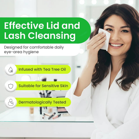 OPTASE eyelid cleansing wipes in use by a smiling woman; tea tree oil infused, suitable for sensitive skin.