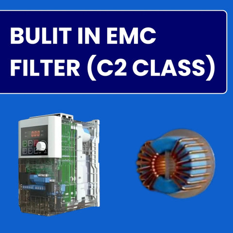 Compact M100 Series Variable Frequency Drive VFD with built-in EMC filter, diagram showing C2 class components.