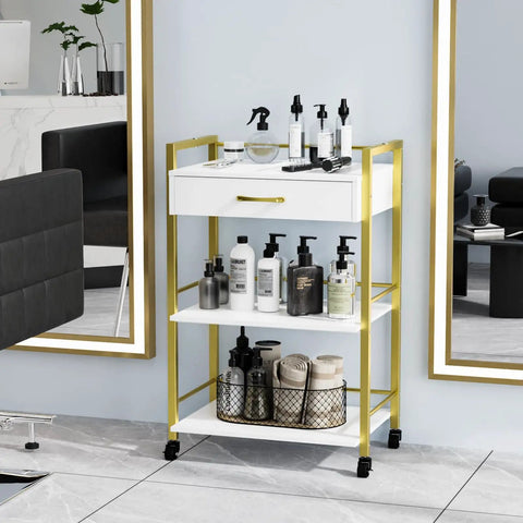 Salon Trolley Cart With Wheels For Estheticians, Mobile Beauty Cart With 1 Drawer And 2 Trays, Pro Grade Spa Storage Organizer.