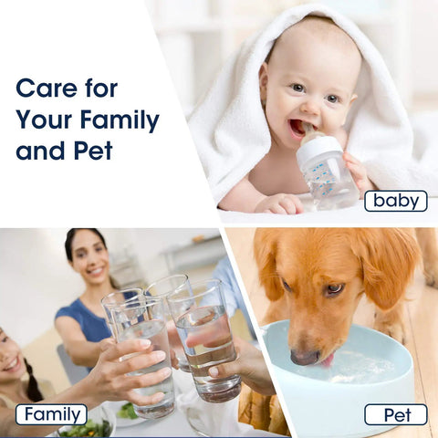 Smiling baby with bottle, family with water glasses, golden retriever drinking from bowl, care statement for family and pets.