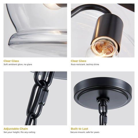 Firedanz 3-Light Glass Pendant Light, Height Adjustable - Close-up of clear glass shades and adjustable chain detail.