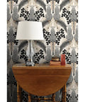 Snag This Killer Big Cat Print PVC Free Wallpaper Featuring A Premium Matte Linen Texture Durable Wallcovering Designed To Level Up Your Interior Design Game Today with a lamp and table.