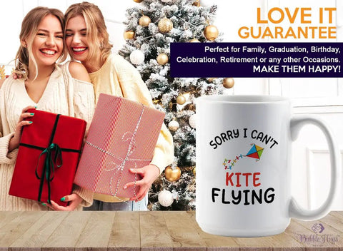 Sorry I Cant Kite Fly This Morning Coffee Mug 15oz White For Kite Lovers with gift boxes and Christmas tree backdrop