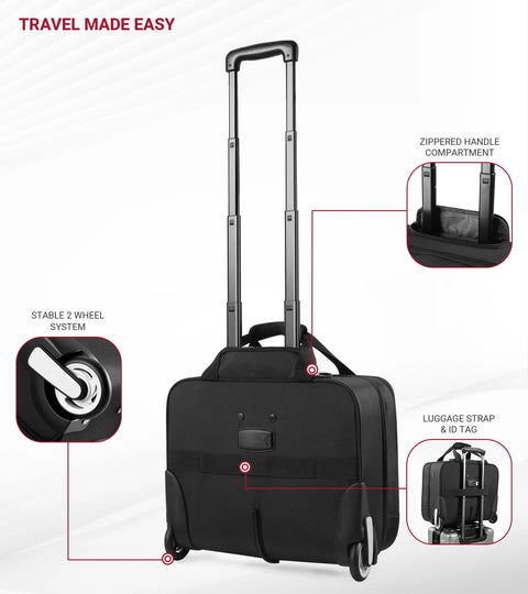 Black rolling laptop bag with extendable handle and 2-wheel system; front pocket, luggage strap, and ID tag.