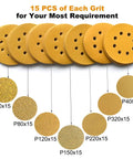 5 Inch 8 Hole Hook And Loop Sanding Discs Set with Pro Grade Assorted Grits 60 80 120 150 220 320 400 in Gold Color 105 Pack