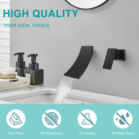 Matte Black Wall Mount Bathroom Faucet With Single Handle Dope Modern Waterfall Tub Faucet Independent Switch shown on sink