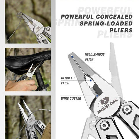 Close-up of Multitool 21 In 1 Stainless Steel Pocket Knife showing needle-nose pliers with labels for plier parts.