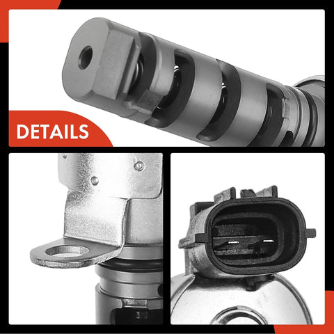 Close-up of Easy Install VVT Solenoid For Toyota 1ZZFE Engine, silver finish, metal housing, 2-pin plug, for 2000-2008 models.