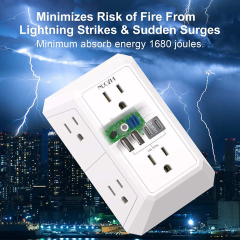 Wall Outlet Extender Surge Protector With Six Wide Spaced Outlets And Four Fast Usb Ports For Dorm Room And Office Gear Heavy Duty Flat Design White Screw Down Mount Plug And Play Ready with 1680 joules rating.
