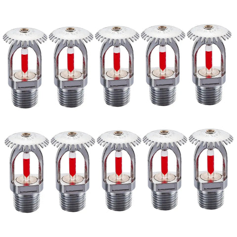Score These Durable 10 Piece Fire Sprinkler Heads With Quick 155 Degree Activation And Reliable Half Inch Threading For Rock Solid Upright Water Spray Coverage Across Homes Workshops And Commercial Spaces, displaying chrome sprinklers.