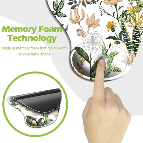 Ergonomic Mouse Pad With Wrist Support Non Slip PU Base Cute Floral Pattern, featuring memory foam technology, for comfort.