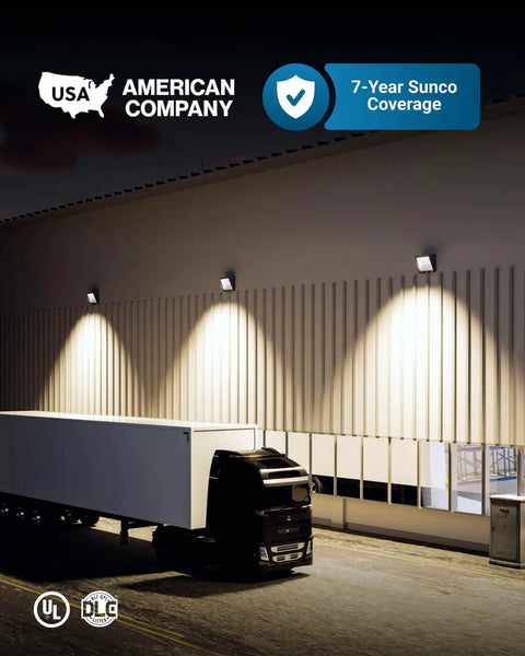 Warehouse with installed 20 Pack 120W LED Wall Pack Outdoor Dusk To Dawn Photocell Sensor lighting illuminating exterior