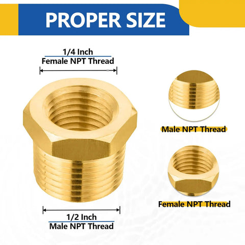 10 Pack Brass Reducer Hex Bushing 1/2 Inch Male NPT to 1/4 Inch Female NPT Pipe Fitting Adapter, corrosion resistant brass
