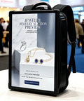 Sick Wearable Digital Signage Backpack Sporting A 21.5 Inch FHD IPS Panel displaying jewelry auction preview.