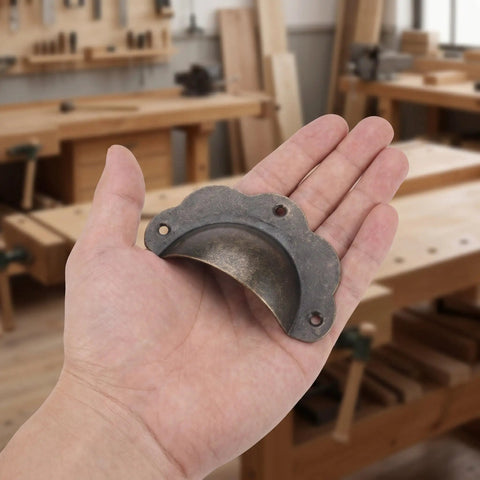 Super Sturdy Vintage Bronze Shell Cup Pulls For Cabinets And Drawers Dead Simple Install Iron Hardware Set in a hand.