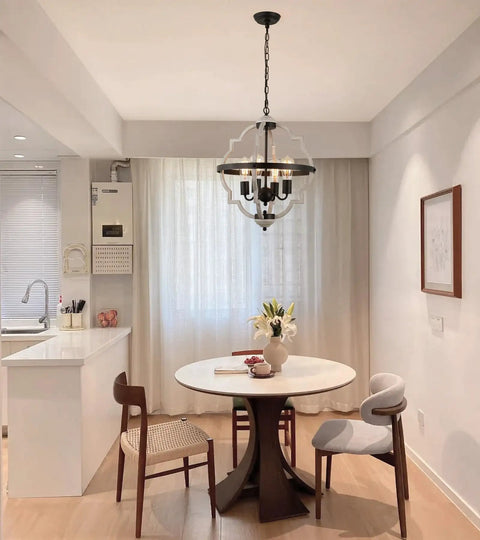 Rustic Farmhouse 4-Light Orb Pendant Chandelier in Oak Finish, Vintage Industrial Style in a modern dining room setting.