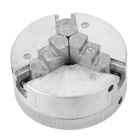 Top Shelf Zinc Alloy Three Jaw Micro Lathe Chuck Featuring Dual Locking Rods For Mini Metal Lathes Quick Setup Clamp Accessory close-up view.