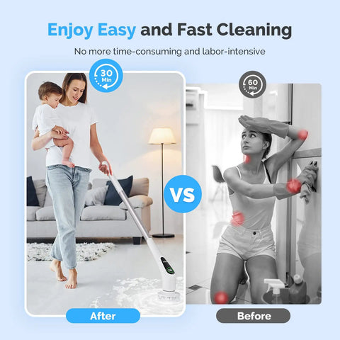 Electric Spin Scrubber With 2 Speed Settings 4 Adjustable Extended Handles 9 Replaceable Brush Heads LED Screen before and after cleaning comparison.