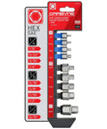 Stubby Low Profile SAE Hex Bit Socket Set 9 Piece In One Eighth To Nine Sixteenths Inch S2 Steel on display packaging
