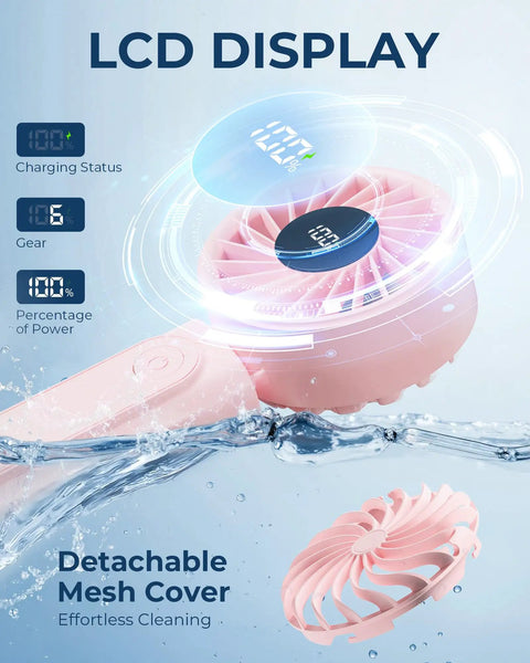 Handheld Portable Fan With 4000mAh USB Rechargeable Battery with LCD display showing charge, power, and speed details