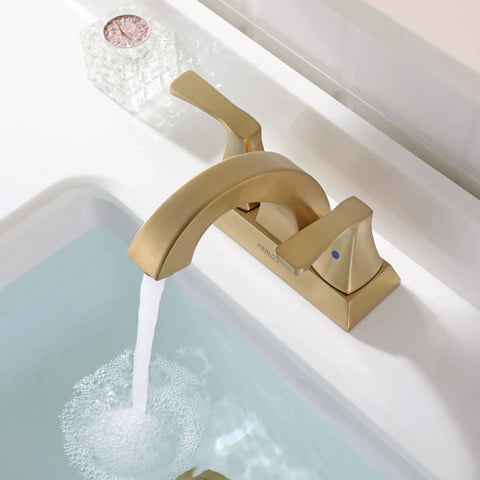 Brushed Gold Two-Handle Bathroom Faucet With Metal Pop-Up Drain And Supply Lines, 4-Inch Centerset, water flowing, top view