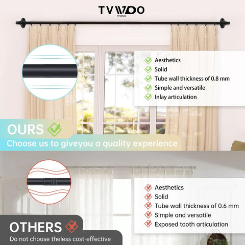 Comparison of wrap around black curtain rod set, adjustable 48 to 84 inch, showing durability and aesthetics differences above window.