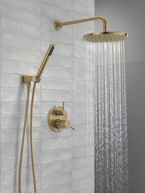 Spike Your Bath Game With This Sleek 10 Inch Round Rain Shower System In Champagne Bronze, Complete Valve Trim Kit And Handheld Sprayer For A Hassle Free Swap
