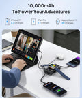 Ultimate 10000mAh Power Bank With 22.5W Fast Charging And Built In Lightning Usb C Cables Plus Foldable Wall Plug For iPhone And Apple Watch Squad Ready Gear charging devices on a desk.