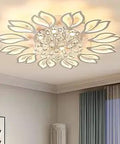 Dimmable LED Flower Ceiling Light With Remote 12 Head Flush Mount Chandelier Acrylic Petal Design White Finish 55W, in room view