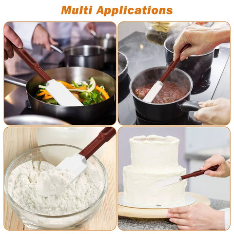 High Temp Silicone Spatulas Set Of 2 10 Inch Heat Resistant Nonstick Spatula Scrapers With Nylon Handles NSF Certified Kitchen Must Haves For Cooking And Baking in use for cooking and baking applications.