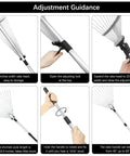 Adjustable Garden Leaf Rake 24 To 63 Inch Telescopic Metal Rake shown extended and in use, highlighting rake head and handle adjustments.
