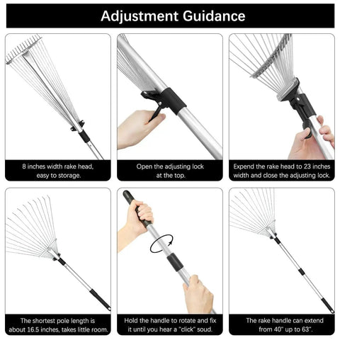 Adjustable Garden Leaf Rake 24 To 63 Inch Telescopic Metal Rake shown extended and in use, highlighting rake head and handle adjustments.