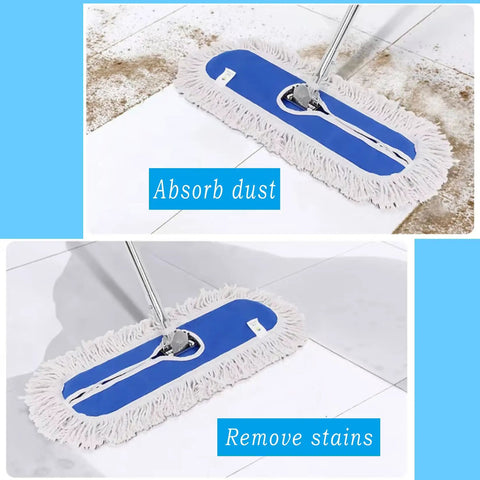 Two Piece 22 Inch Cotton Dust Mop Head Refill Heavy Duty Dry Mop Pads For Hardwood Tile And Laminate Floors Compatible With Standard Frames on a floor absorbing dust and removing stains.