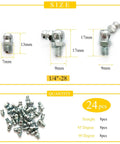 Pro Grade Quarter Inch 28 Thread Grease Fitting Assortment Kit With Straight 45 Degree And 90 Degree Zerk Fittings size and quantity