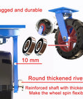 Close-up of Kickass Heavy Duty Solid Rubber Caster Wheels with reinforced shaft and thickened rivets for durability.