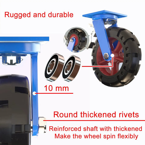 Close-up of Kickass Heavy Duty Solid Rubber Caster Wheels with reinforced shaft and thickened rivets for durability.