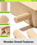 Image showing features of the Eight Size Wooden Dowel Set Contains Three Hundred Pcs Of Premium Hardwood Dowels For Woodworking DIY Crafts And Home Projects Includes One Quarter Inch Five Sixteenths Inch And Three Eighths Inch Fluted Pins In Multiple Lengths For Strong Joints On, highlighting smooth surface, beveled ends, and hardwood characteristics of the dowels used in woodworking.