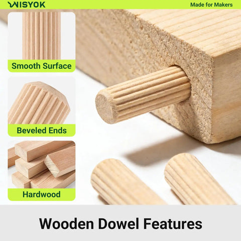 Image showing features of the Eight Size Wooden Dowel Set Contains Three Hundred Pcs Of Premium Hardwood Dowels For Woodworking DIY Crafts And Home Projects Includes One Quarter Inch Five Sixteenths Inch And Three Eighths Inch Fluted Pins In Multiple Lengths For Strong Joints On, highlighting smooth surface, beveled ends, and hardwood characteristics of the dowels used in woodworking.