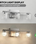 Three Light Dimmable Modern Vanity Light Fixture In Brushed Nickel With Globe Crystal Glass Over Mirror LED Bath Lighting