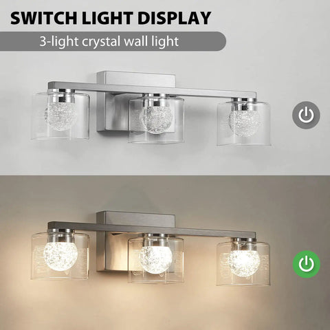 Three Light Dimmable Modern Vanity Light Fixture In Brushed Nickel With Globe Crystal Glass Over Mirror LED Bath Lighting